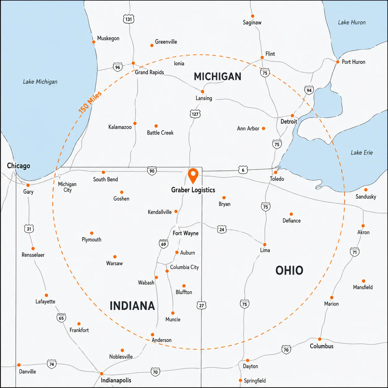 Service Area Map of Indiana, Ohio, and Michigan